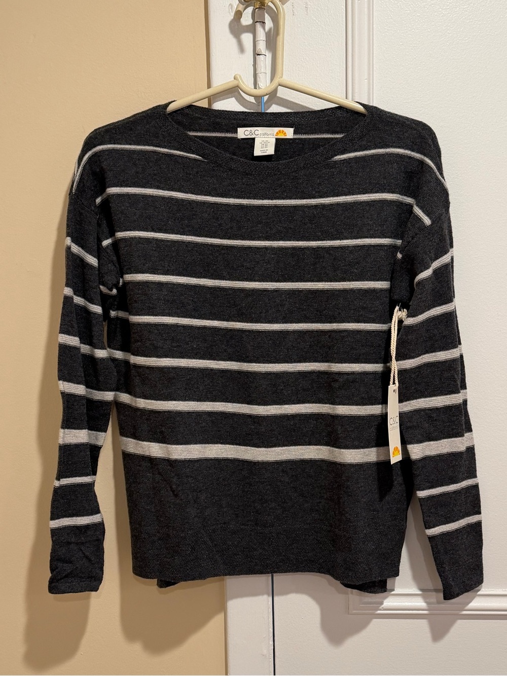 C&C California Black Crewneck Sweater with White Stripes